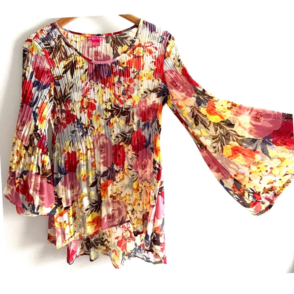 Sunny Leigh Floral Blouse Multi Color Polyester Boho Pleated Bell Sleeve Top S